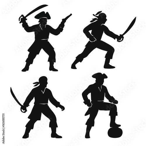 Silhouette of Four Pirates with Swords and Weapons