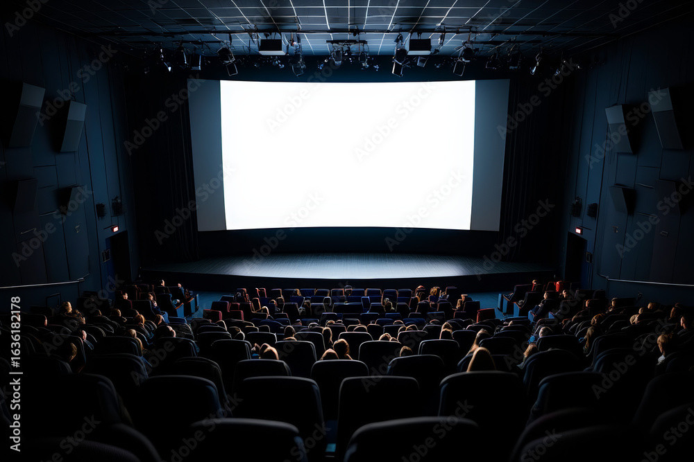 Obraz premium Full cinema audience watches attentively as the projector beam hits the empty screen.