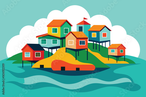 Colorful Stilt Houses Over Water Illustration with Clouds and Vibrant Teal Background