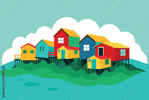Colorful Stilt Houses Over Water With Hills and Clouds Against a Teal Sky Background