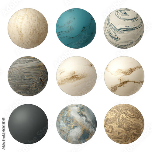 Nine round decorative elements, likely for surface design, showcasing varied marble and stone textures in muted tones.  