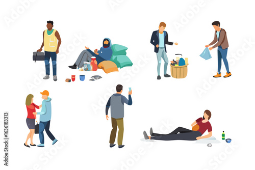 Diverse group of people experiencing homelessness in urban settings