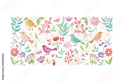 Whimsical watercolor birds and flowers on a black background