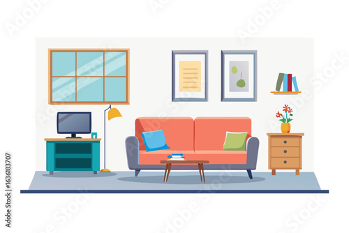Cozy living room interior with sofa television window and artwork