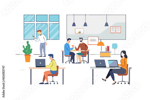 Diverse team members collaborate and work in a modern office environment