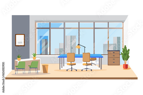 Modern office interior with desk chairs and large windows overlooking city buildings