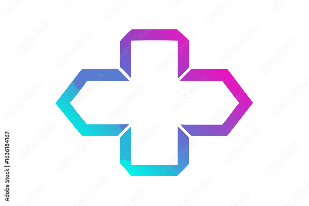 Obraz premium Abstract geometric cross shape with a vibrant blue to purple gradient on black background