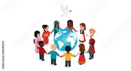Children of the world holding hands around globe with peace dove illustration
