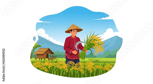 Farmer harvesting rice in a field with mountains and a traditional house