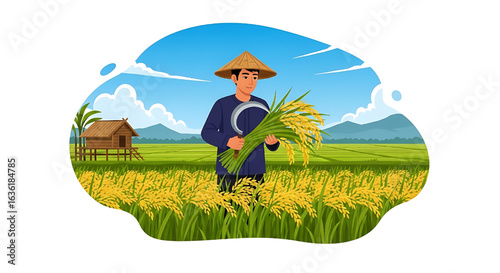 Asian farmer harvesting rice in a field with a straw hat and sickle