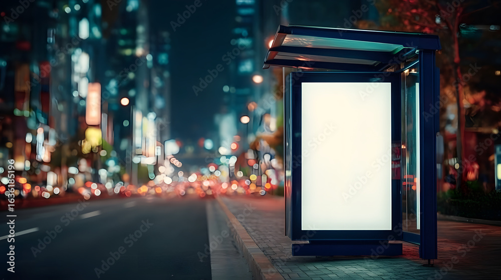 Modern Blank White Advertisement Billboard Mockup at Bus Stop in City at Night. Ai Generated Images Modern Blank White Advertisement Billboard Mockup at Bus Stop in City at Night. Ai Generated Images