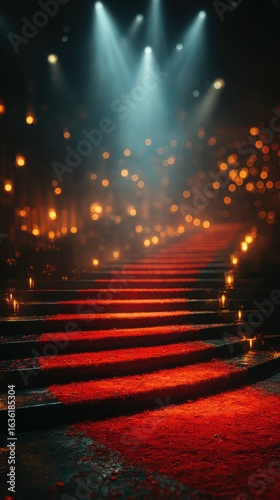 Bright red carpeted stairs lead to a glowing stage in a dimly lit venue with warm ambient lights