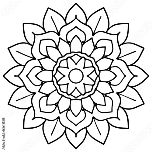 Simple Floral Mandala Design with Petal and Leaf Shapes in Black and White Outline