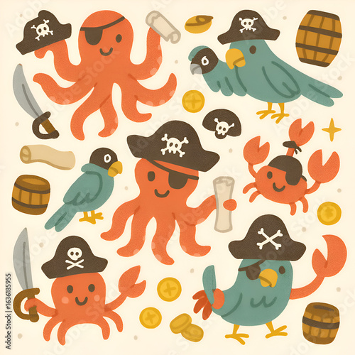 A charming illustrated collection of cute pirate animals including octopuses crabs and parrots with hats and swords.