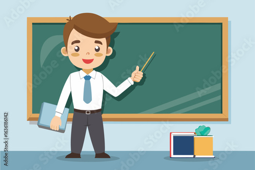 Enthusiastic Teacher Presenting a Lesson with Chalkboard and Book An Engaging Cartoon Illustration for Educational Material
