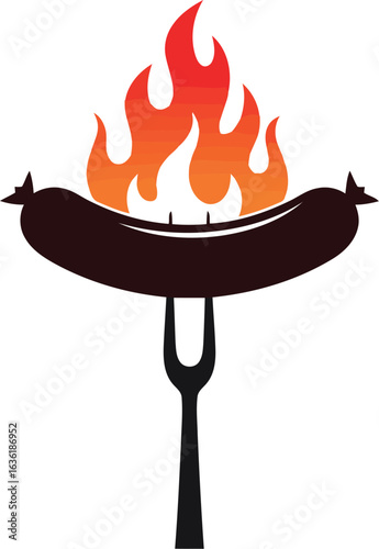 Sausage on fork over flames bbq grilling food icon