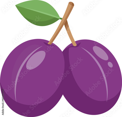 Two ripe plums with green leaf
