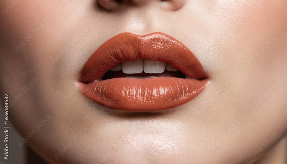 Fototapeta premium Close-up of hydrated lips with terracotta matte lipstick. Beauty product ad shows smooth skin, perfect lip care, fashion style. Trendy female makeup. Healthy skin, lip volume, full lips look.