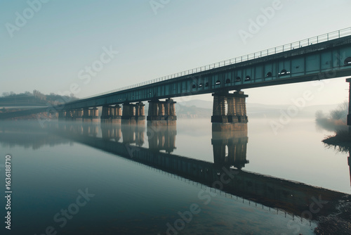 Wallpaper Mural Minimalist scene of an empty train bridge spanning a calm river. Torontodigital.ca