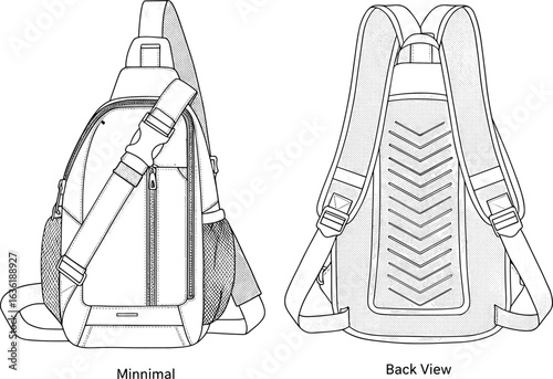 Minimalist backpack CAD drawing, flat vector illustration, front and back view, fashion accessory, ergonomic design, travel bag, school gear