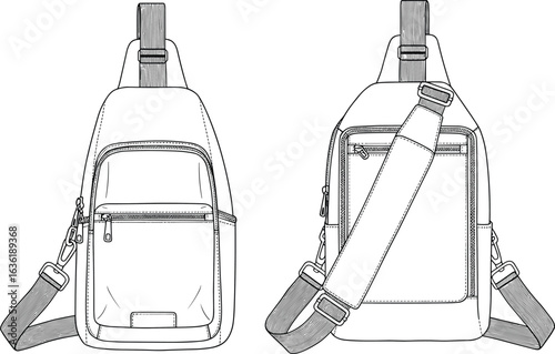 Sling Backpack CAD Drawing, Flat Vector Illustration, Technical Fashion Sketch, Front and Back View, Bag Design, Accessory, Unisex Style