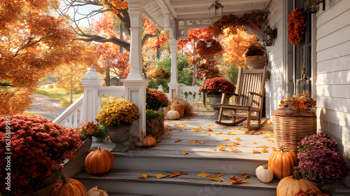 Porch drawing happy thanksgiving house stoop still life with pumpkin. Porch autumn fall wreath door. Halloween cozy harvest fall with rocking chair and pumpkins cottage house 