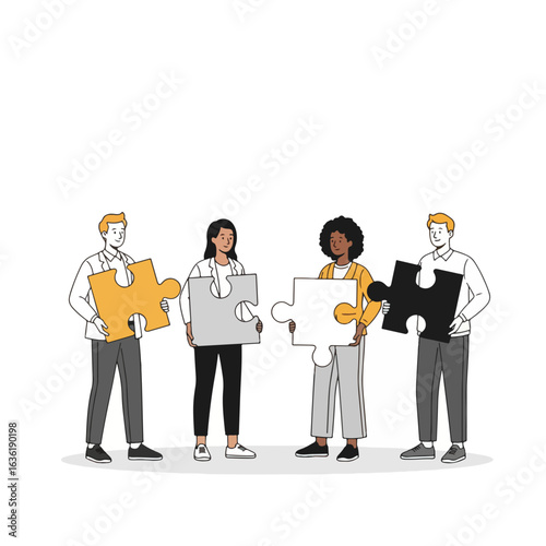 Diverse Team Holding Puzzle Pieces – Concept of Teamwork and Collaboration in Flat Vector Style