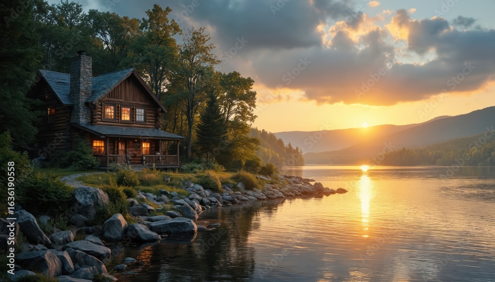 Fototapeta premium Rustic wooden cabin by tranquil lake at sunset. Cozy interior glow, warm light reflecting on calm water. Surrounded by forest, mountains, creating peaceful, idyllic scenery.