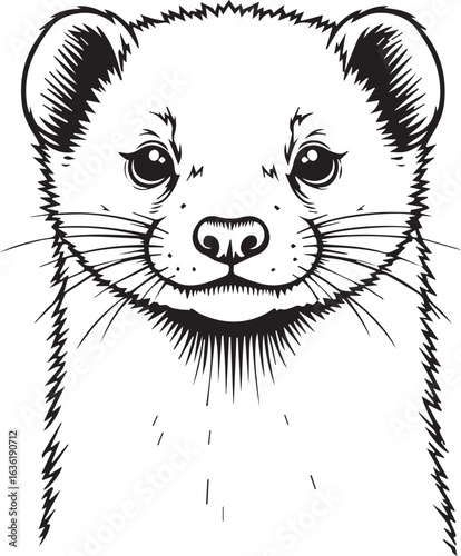 Curious Animal Portrait: Intricate black and white line art of a weasel showcases its inquisitive gaze, perfect for illustrating wildlife or adding a touch of character.