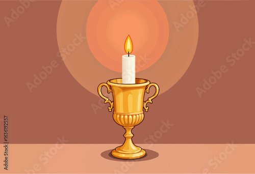 Golden candle holder with lit candle set against warm background  