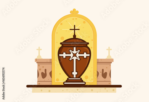Decorative urn with cross in front of golden altar background  