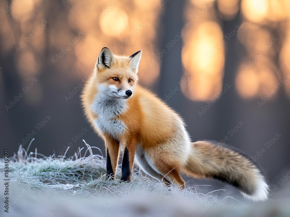 Naklejka premium Red Fox in Frosty Field, Defocused Background