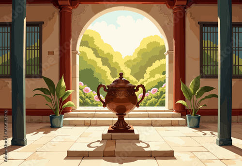 Decorative vase in a tranquil courtyard with lush green background  