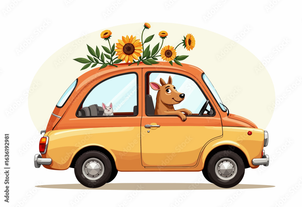 Fototapeta premium Dog driving orange car decorated with sunflowers and rabbit inside 