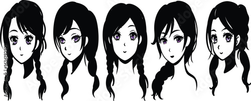 Five anime girls with purple eyes and black hair vector