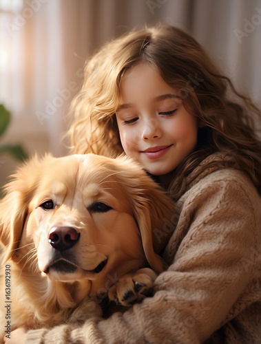 Girl's Gentle Embrace with Golden Retriever: A young girl lovingly embraces her golden retriever, a moment of tenderness and joy captured in a warm, inviting setting.