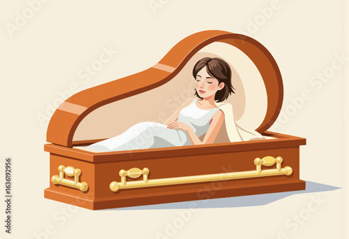 Woman lying peacefully in a wooden coffin on beige background  