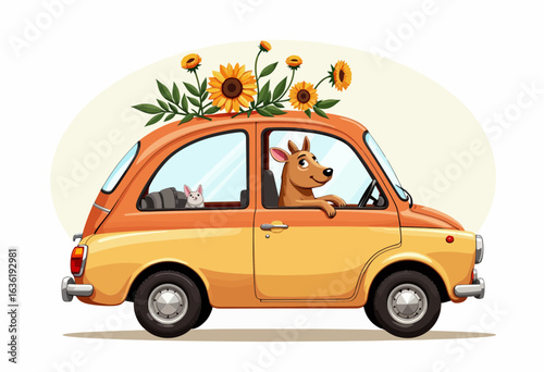 Dog driving orange car decorated with sunflowers and rabbit inside  