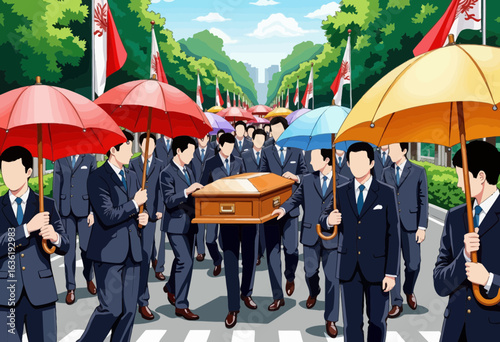 Group of men holding a wooden casket under umbrellas in parade  