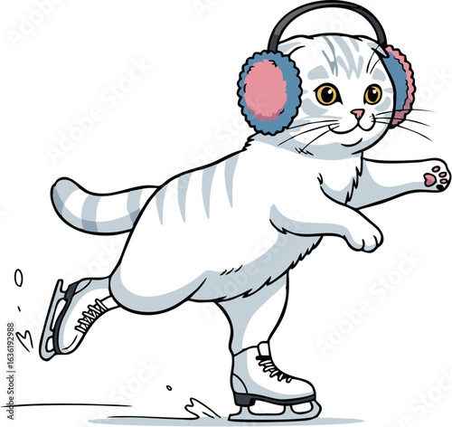 A cute cartoon cat character wearing pink and blue earmuffs while ice skating. A happy, playful white feline enjoying a fun winter sport.