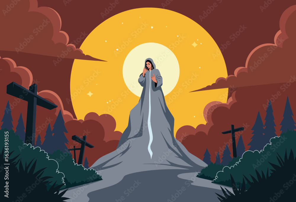 Fototapeta premium Spectral figure in flowing gown standing amidst gravestones at night 
