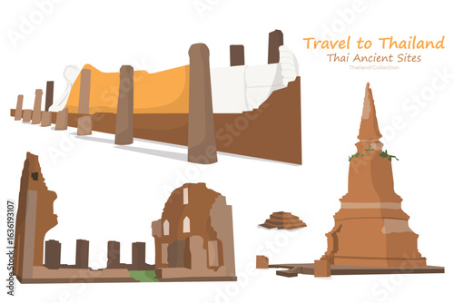 Icons set of Thai ancient site and ruine of buddha statue. Travel in Thailand.