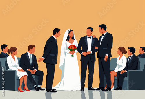 Bride and groom with wedding party celebrating on neutral background  