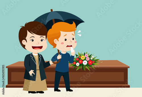 Woman comforting boy under umbrella by casket with flowers