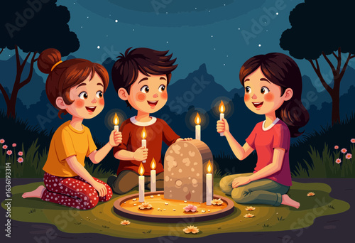 Children celebrating festival by candlelight around a stone in park  