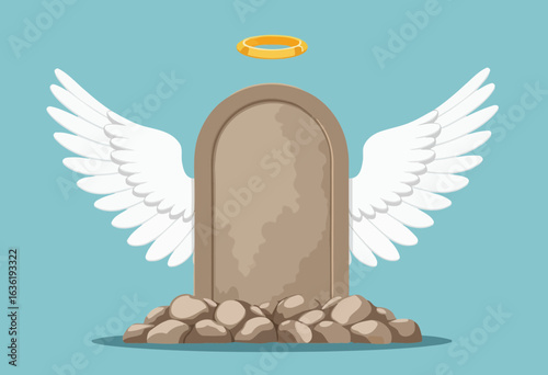 Angel wings with halo over a gravestone surrounded by rocks  