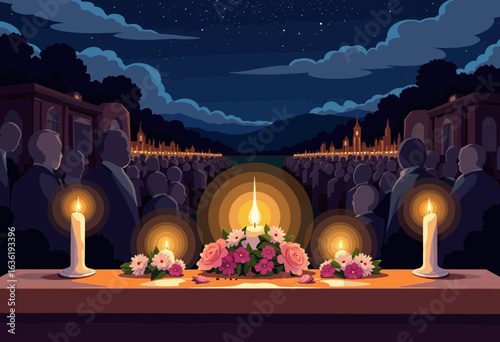 Candlelit altar with flowers during night vigil in cemetery  