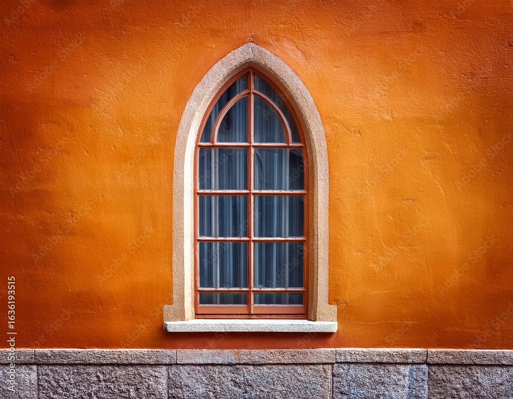 Obraz premium vibrant orange arched window on weathered textured wall background