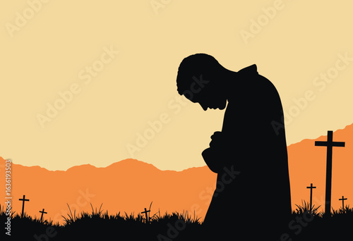 Silhouette of a man praying in a graveyard at sunset  