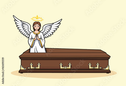 Angel with prayer hands beside a wooden coffin on yellow background  